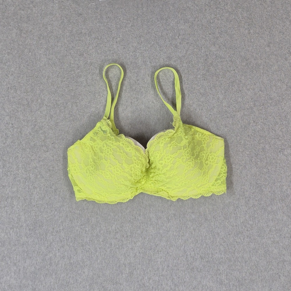 Victoria's Secret Women Bra 32D Yellow Neon Lined Demi Lace T Shirt